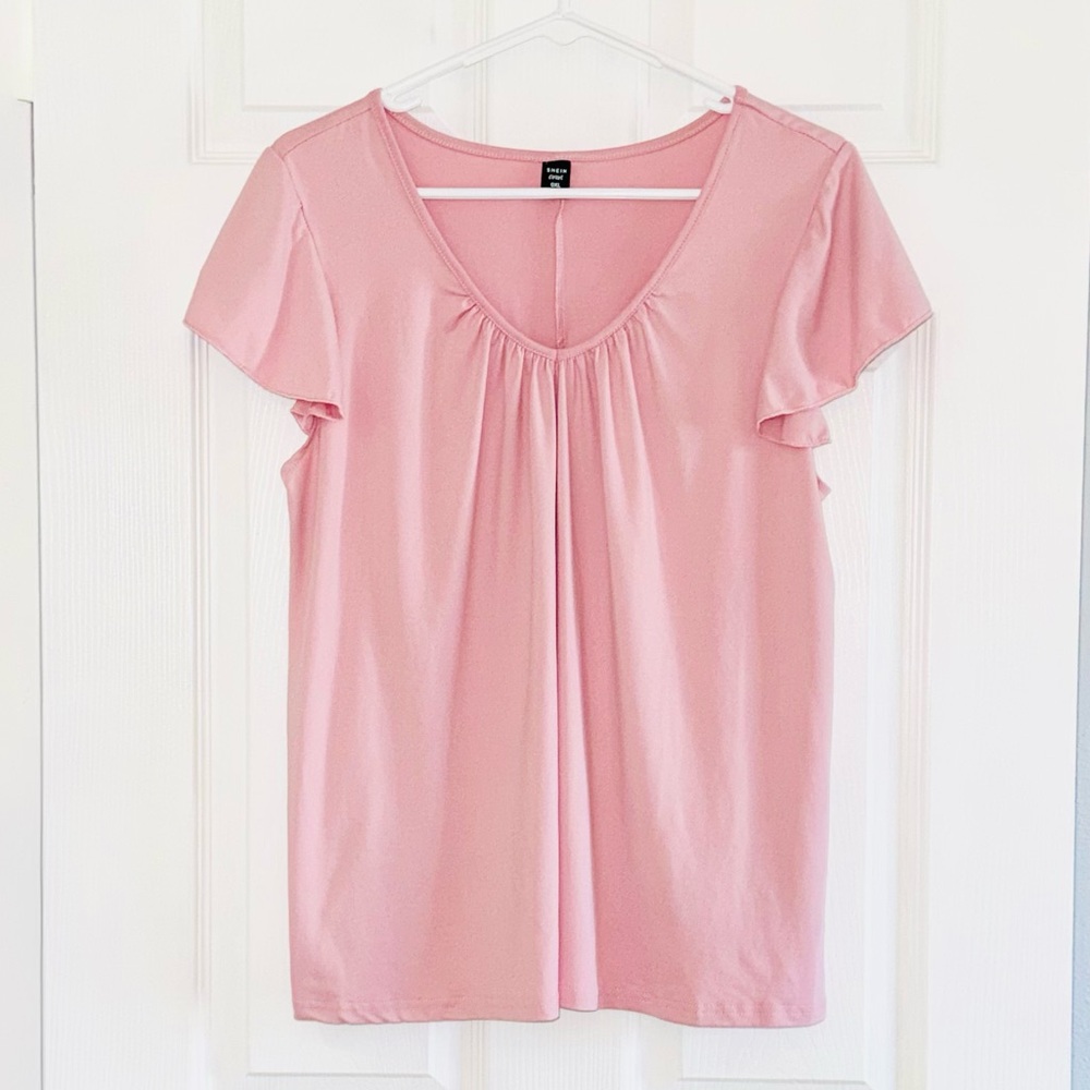 Pink Ruched Front Short Sleeve Top – Shein Curve 0XL